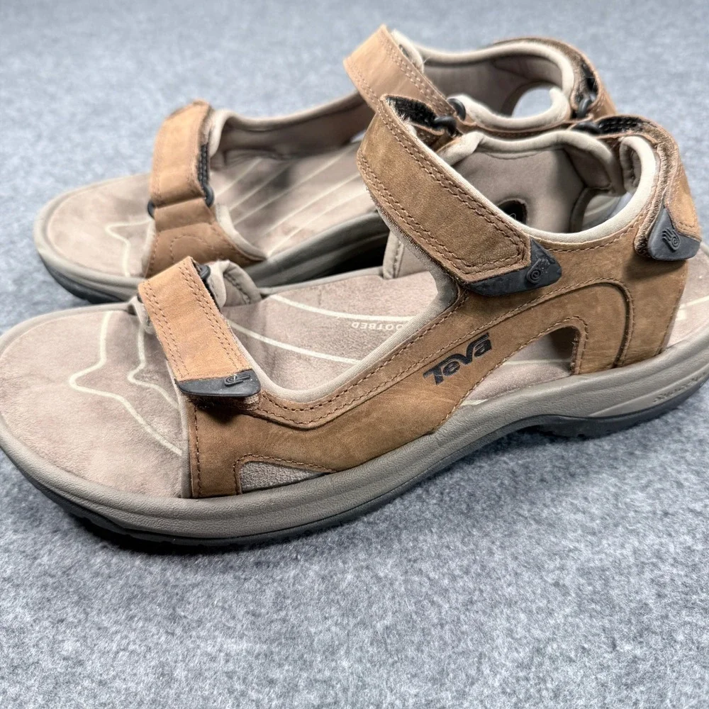 Teva Tanza Leather Sport Sandals Mens 9 Brown Hiking Trail Shoc Pad 1002263